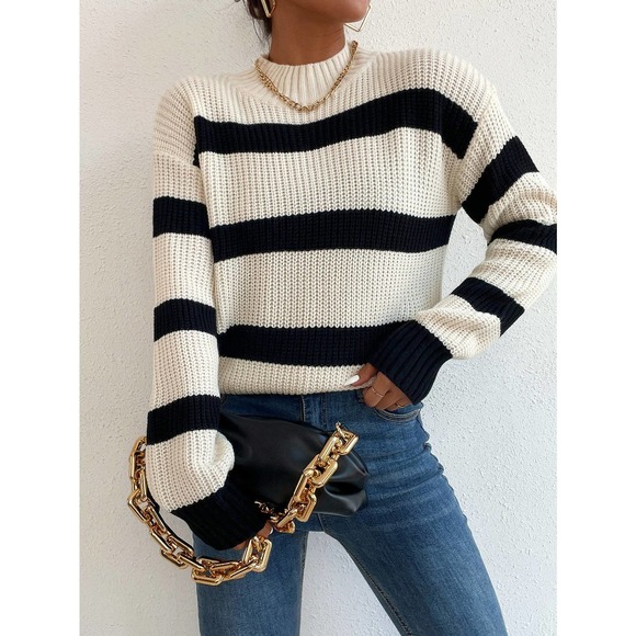 Striped preppy soft knit Sweater mock neck stand collar cream black stripe - Picture 4 of 7